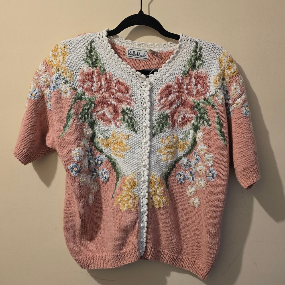 Vintage 90s BellePointe Cardigan Women L Pink Floral Pearl Knit Cottagecore